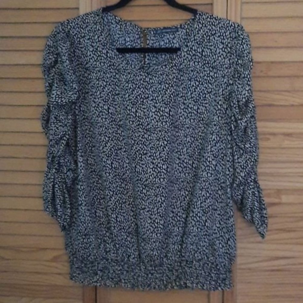 Adrianna Papell Tan & Black Ruched 3/4 Sleeve Ruffled Elastic Waistband Top 16